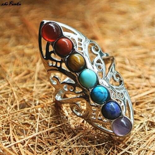 Adjustable Silver Plated 7 Chakra Healing Hollow Thumb Reiki Natural Stones Ring For Women Vintage Antique Ring Boho Jewelry