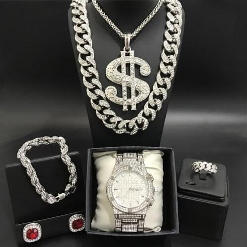 Luxury Men Silver Color Watch & Neckalce & Braclete & Ring & Earrings Combo Watch Set Ice Out Cuban Jewerly Hip Hop For Men