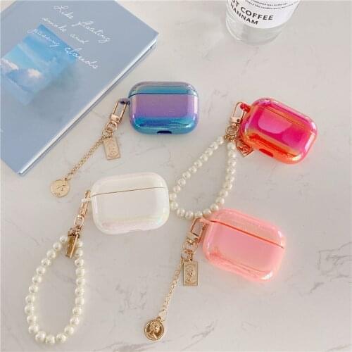 Luxury Water Drop Rainbow Hard Headset Cover For AirPods Pro 3 Earphone Protective Cover With Pearl Bracelet Keychain
