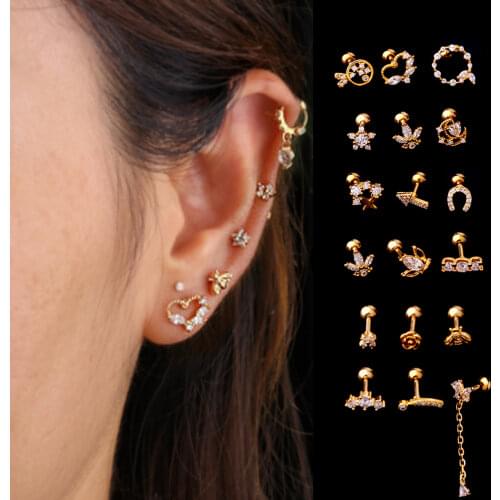 1Piece 16G Stainless Steel Thick Rod Snake Heart Stud Earrings for Women 2021 Trend Jewelry Piercing Zircon Earrings for Teens