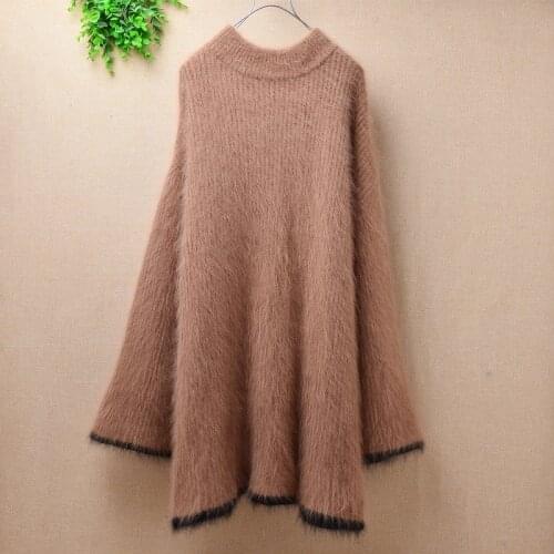 Top sweaters plush mink cashmere o-neck pullover angora rabbit fur loose knitted sweater flare sleeve slim fashion dress