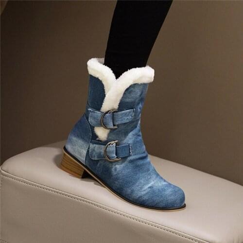 YMECHIC 2020 Winter Faux Fur Boots Chunky Heels Blue Black Denim Warm Plush Booties Buckle Womens Shoes Ankle Snow Boots US4-11