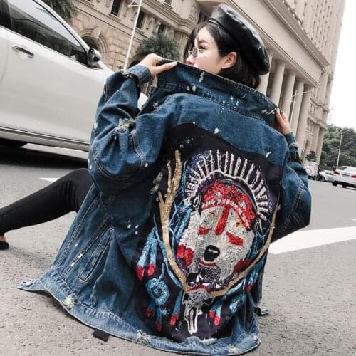 Harajuku Fashion Sequins Spliced Wolf Totem Denim jacket Womens clothing Light color Spring Loose Casual Long Jacket