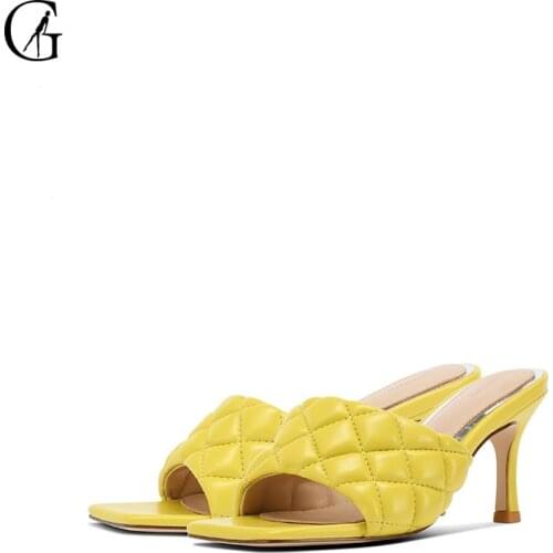 GOXEOU Womens Slippers Yellow Checkered Pattern Square Toe 7 CM Thick Heel Fashion Comfortable Office Lady Sandals Size 34-40