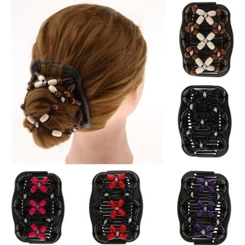2019 New Fashion Women Double Hair Comb with Wooden Beaded Easy Magic Hair Clip Magic Hair Comb Hairstyle Accessory