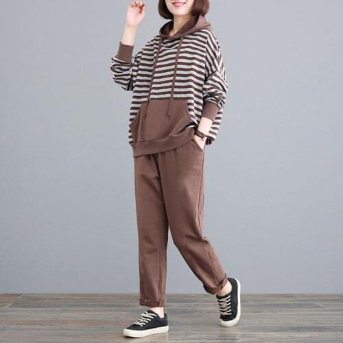 Women 2 Pcs Running Set 2021 Spring Striped Hooded Tracksuit Clothing Casual Sweatshirts Joggers Suits Sportswear L-5XL Y655