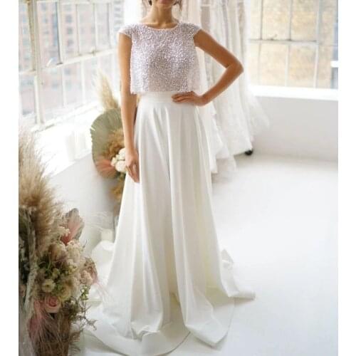 YiMinpwp Two Pieces Wedding Dresses Jewel Cap Sleeve Sweep Train Pearls Garden Country Bridal Gowns vestidos de novia Plus Size