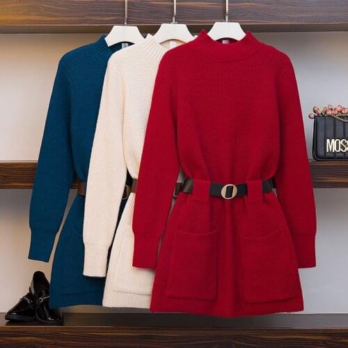 Large Size Womens Knit Sweater Pullover Dress New Autumn andWinter Crew neck Long Sleeve Loose Knit Dress Vestidos Female T335