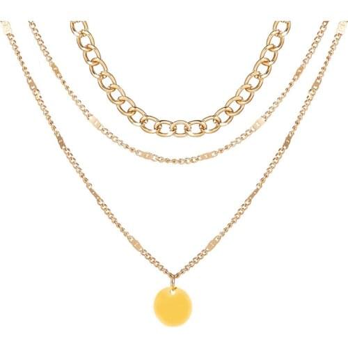 Gold Color Alloy Multilayer Link Chain Necklace for Women Retro Round Pendant Necklace Aesthetic Goth Collar Party Jewelry Gift
