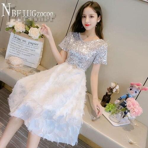 2019 Black And White Color Can Choose Women Dress Sequin Feather Female Dresses