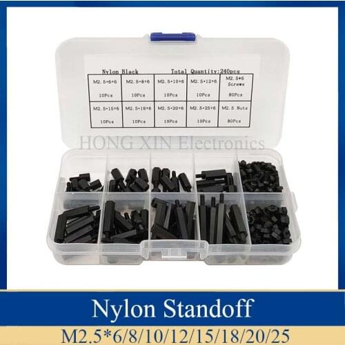 240Pcs M2.5 Black Male-Female Hex Nylon Spacers PCB Threaded Screws nuts Bolt Assortment kit set Standoff Box Best Quality