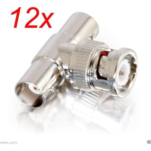 12pcs BNC 1 Male To 2 Female M/F T Type Splitter CCTV Cameras Connectors Adapter
