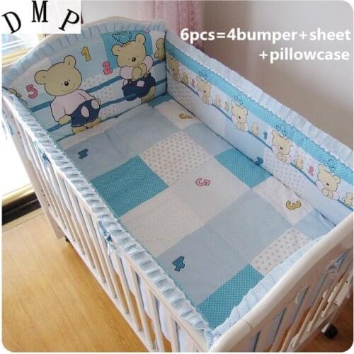 Promotion! 6PCS Bear baby bedding kit set boy bedsheet set sale,girl baby crib bedding set (bumpers+sheet+pillow cover)