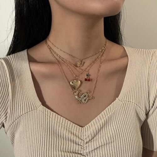 TIMEONLY Unique Design Multi Layered Heart Butterfly Red Color Crystal Cherry Dragon Pendant Necklace for Women Ladies Jewelry