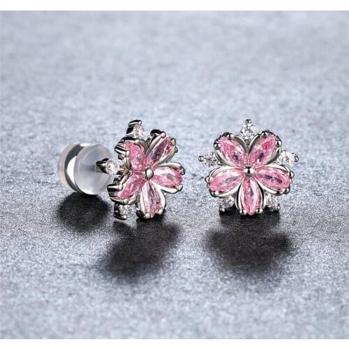 Elegant Pink Zircon Small Flower Earrings Luxury Crystal Stone Stud Earrings For Women Vintage Silver Color Engagement Earrings
