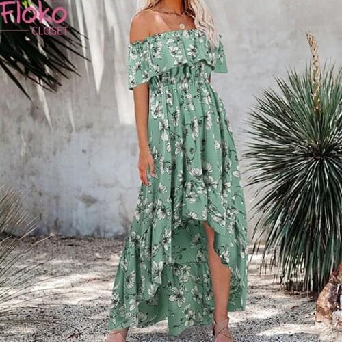 Flokocloset Summer Floral Print Long Party Dress Sexy Off Shoulder Ruffle Maxi Dresses Short Sleeve Loose A-Line Dress Vestido