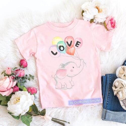 Kawaii girls t-shirt funny elephant ，balloon print girls clothes cute animal cartoon kids tshirt summer girls t shirt pink tops