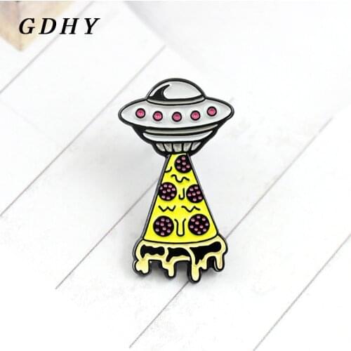 GDHY UFO Space Ship Yellow Pizza Brooch Enamel Pin Mysterious Space Universe Outer Spaceship Lapel Pins Astronomy Lover Gift