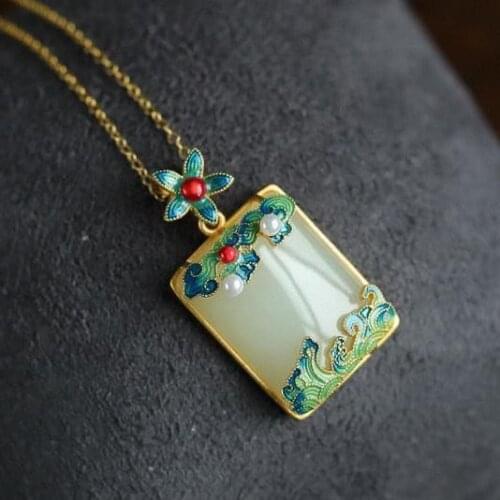 Natural Hetian Jade Tranquility and Peace Plate S925 Sterling Silver Pendant Jade Square Plate Necklace Retro Chinese Style Jewe