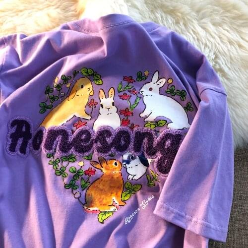 Cotton Embroidery Letters Cute Rabbits T Shirts Vintage Harajuku Fashion Teens Clothes 2021 Streetwear Summer Tops O-neck Casual