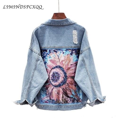 New Boho style Print Womens Denim Jacket Coat Diamonds Hole BF Jeans Outwear Female Spring Autumn Casual Loose Cowboy Outwear