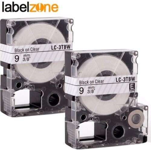 2Pcs 9mm Black on clear compatible Epson LC-3TBW/ST9KW label tapes strong adhesive laminated lc3tbw label ribbon for KingJim