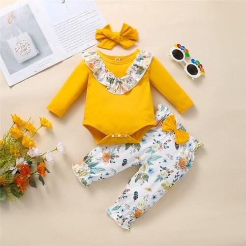 0-18M Newborn Fashion Toddler Infant Baby Girl Outfits Fall Lace Floral Romper Bodysuit + Bow Pants New Kids Clothes Babies