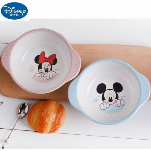 Disney Children Dinnerware Minnie and Mickey Double Ears Cartoon Bowl Cute Baby Feeding Anti-fall Dinnerware Set