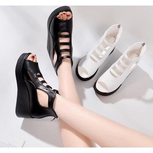 2020 new womens shoes mesh yarn fish mouth shoes women Korean version of muffin sandals thick bottom slope with hollow sandals