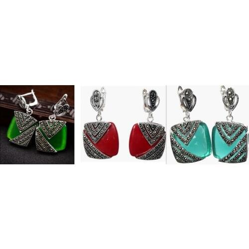 Charm ladys 925 Hook Red Coral/Jade Marcasite Square Earrings 1 jewelry Natural bread earrings
