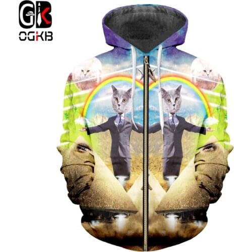 OGKB Zipper Hoodies Man Hooded Long Sleeve Animal 3D Pullover Printed Gentleman Cat Rainbow Hip Hop Large Size Hoodie Sweatshirt