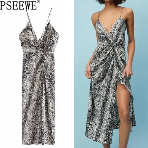 PSEEWE Za 2021 Slip Long Dress Women Black Print Summer Dress Woman Ruched Backless Sexy Party Dresses Slit Midi Vintage Dresses