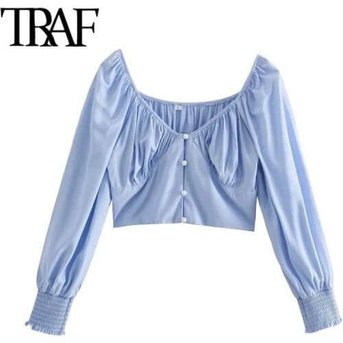 TRAF Women Fashion Faux Pearl Buttons Cropped Blouses Vintage Three Quarter Sleeve Elastic Hem Female Shirts Chic Tops