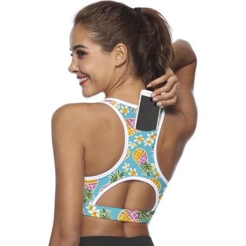 Top Female Sports Bra Pattern With Phone Pocket Running Yoga Bra Push Up High Impact Workout Bra Clothing For Fitness Top