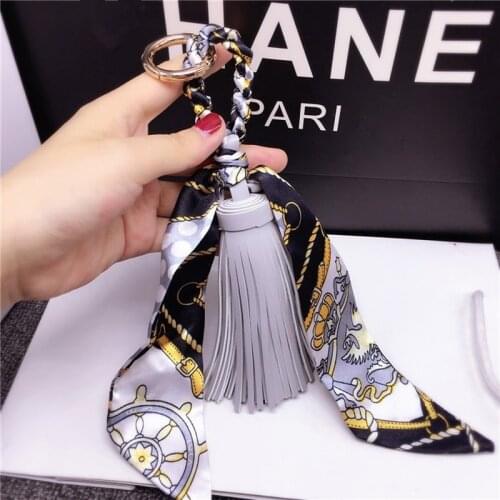 2021Silk scarf tassel Anime Car key chain for women bag pendant personality tassel key chain backpack pendant fashion ring Chain