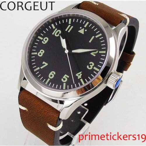 42mm green numbers CORGEUT silver color case black dial sapphire glass leather strap automatic movement mens watch