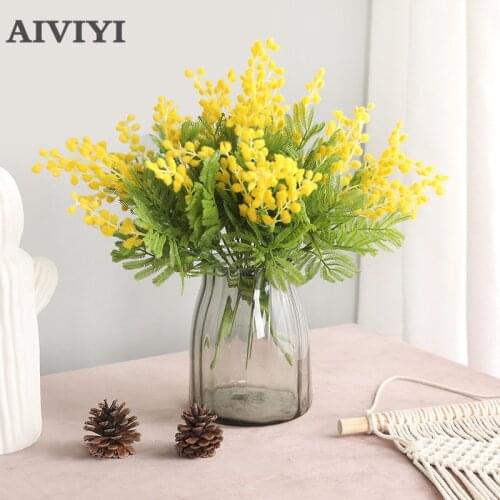 5 Head Family Carnival Flowers Artificial Acacia Mimosa Plush Pudica Spray Cherry Fake Silk Flower Wedding Party Decor Red Bean