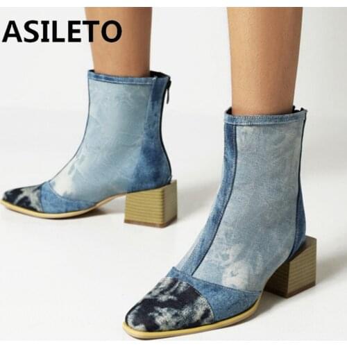 ASILETO 2021 Designer Gothic Black Ankle Boots for Women Mortorcycle Pointed Toe Square Mid Heel Zipper Blue Big Size 48 S2451