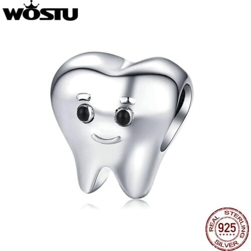 WOSTU Genuine 925 Sterling Silver Lovely Tooth Beads Fit Original Bracelet Pendant Charms For Women Fashion Jewelry BKC1401