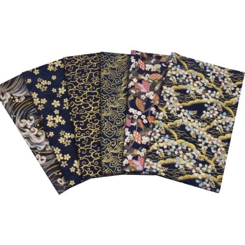 Black Navy Blue Floral Japanese Cotton Kimono Fabric, Sea Wave Fabric For Making Dolls & Bags Patchwork Cloth