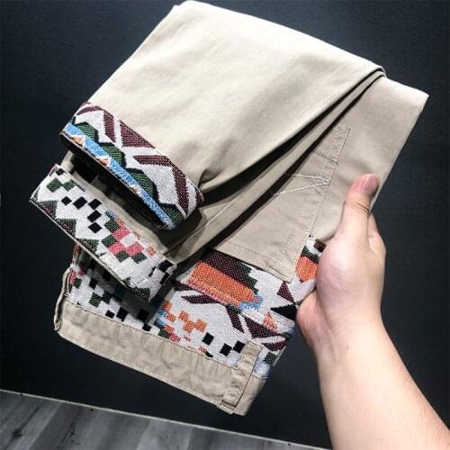 New Jeans Men Khaki Embroidery Stitching Camouflage Little Feet Pants Fashion Japanese Casual Male Denim Cargo Pants Trousers