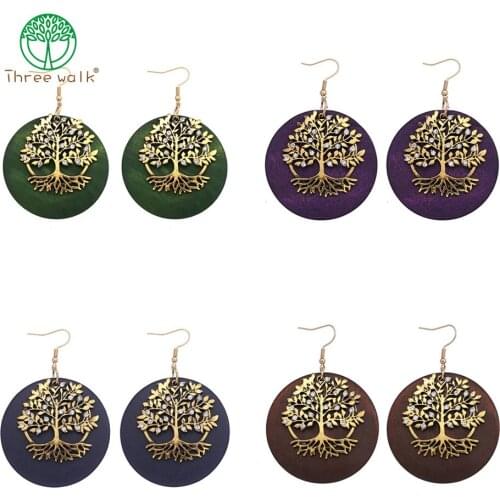 One Pairs Only Vintage Metal Tree With Stone Round Wooden Drop Earrings For Women Girl Bijoux Fashion Jewelry Wholesale