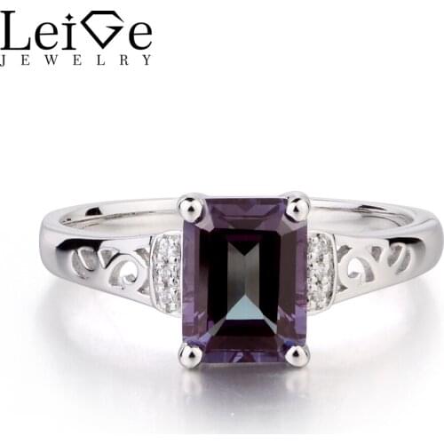Leige Jewelry Solid 925 Sterling Silver Lab Alexandrite Ring Wedding Rings Emerald Cut Gemstone June Birthstone Gifts for Women
