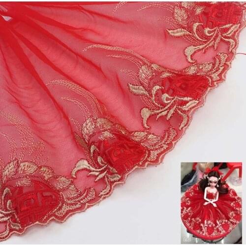20Yards 21cm Wide Red Embroidery Lace Trim Gold Thread Tulle Ribbon Wedding Fabric Bridal Clothing