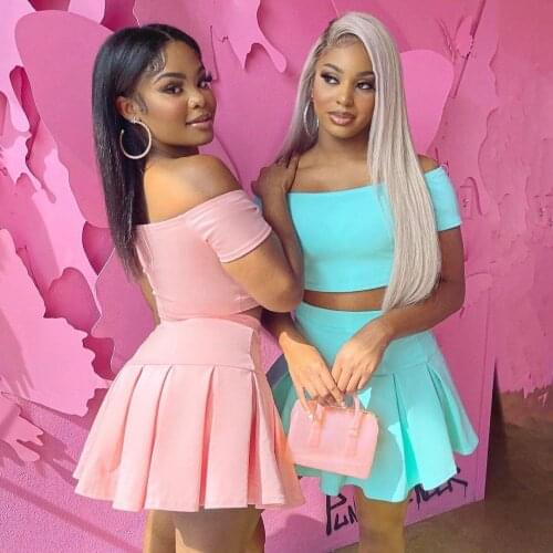 Summer Sunshine Girl Solid Color One-shoulder Short-Sleeved Pleated Skirt Sports Casual Fashion Suit two-piece