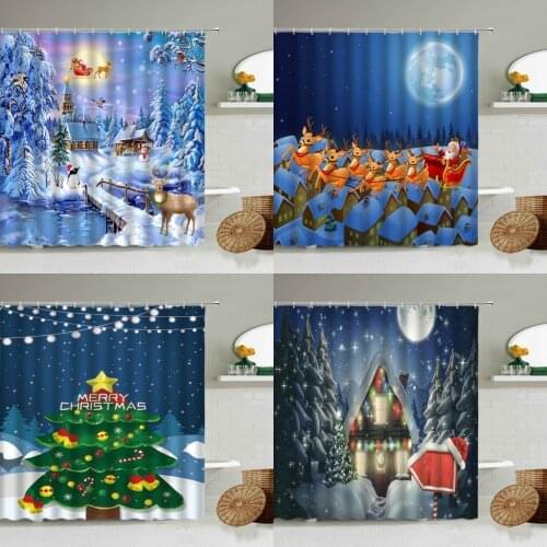 Cartoon Christmas Shower Curtain Santa Claus Elk Sleigh Fantasy Forest Tree Snow Scene Bathroom Home Decor Waterproof Curtains