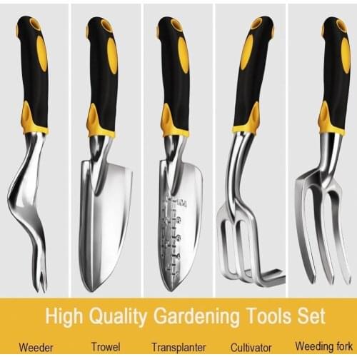 5-Piece Garden tools kit with Weeder,Trowel ,Transplanter,Cultivator,Weeding Fork -High Strength Aluminum and Silicone Handle