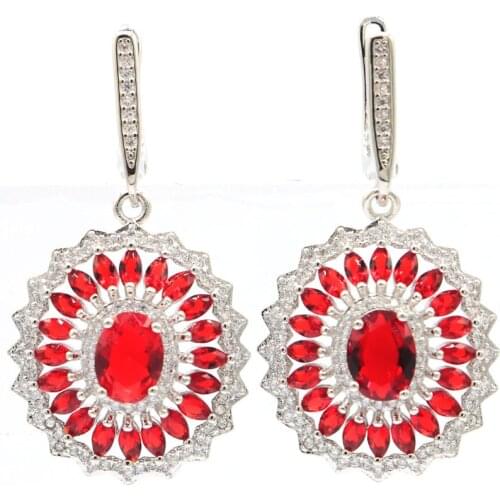 41x21mm New Statement Jewelry Set Created Blue Aquamarine Red Blood Ruby CZ For Sister Daily Wear Silver Earrings Wholesale