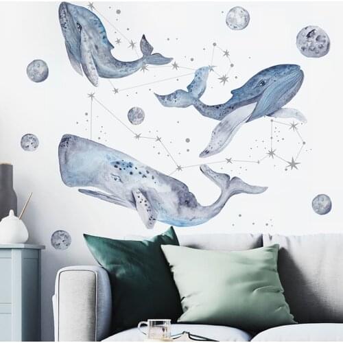 Starry sky Whale Wall Stickers for Kids rooms Bedroom Cartoon Animals Vinyl Wall Decals for Living room Wall Decor Home Decor