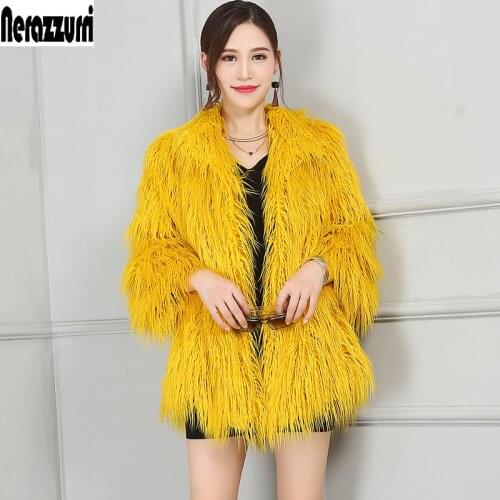 Nerazzurri Faux Fur Jacket Women 2019 Yellow Shaggy Furry Hairy Fake Lamb Fur Coat Colored Plus Size Mongolia Sheep Fur 5XL 6XL